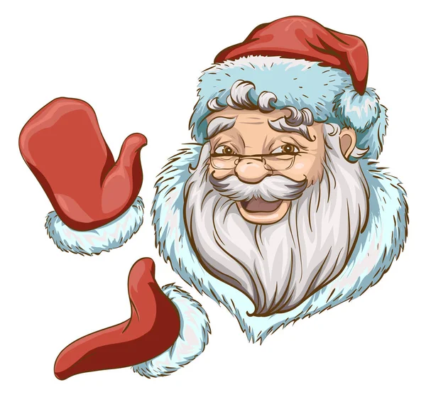 Weihnachtsmann-Kopf und zwei Hände in roten Fäustlingen — Stockvektor