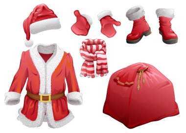 Noel aksesuarlar Noel Baba kümesi. Kürk ceket, şapka, bot, mittens, çizgili eşarp ve hediyeler ile çanta