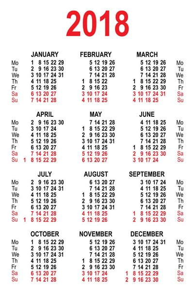 Calendario modello griglia 2018 — Vettoriale Stock