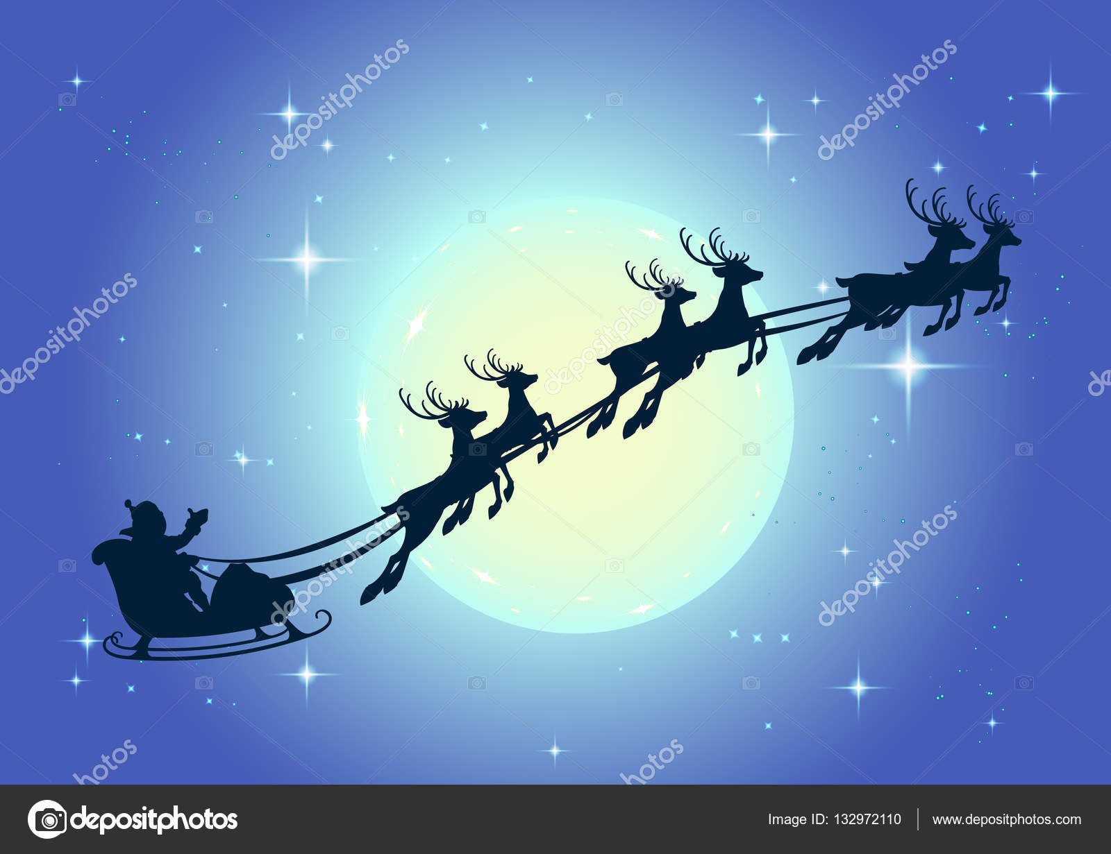 Pere Noel En Traineau Et Traineau De Rennes Sur Fond De Pleine Lune Dans Le Ciel Nocturne Noel Image Libre De Droit Par Orensila C