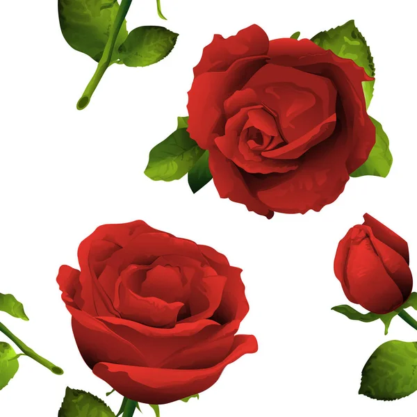 Rose rouge sans couture fleur, bourgeon et feuilles — Image vectorielle