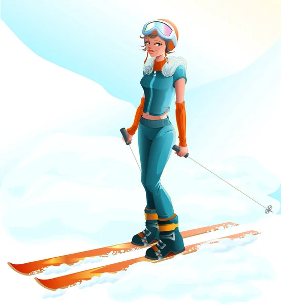 Deporte de invierno. Hermosa joven esquiadora — Vector de stock