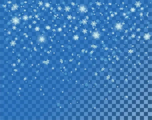 Caída de copos de nieve de Navidad sobre fondo azul transparente — Vector de stock