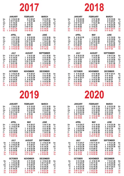 设置日历 2017 年，2018 年，2019 年，2020年网格模板 — 图库矢量图片