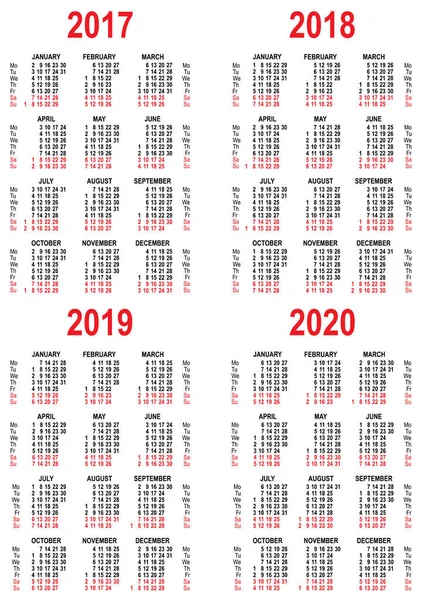 Establecer calendario 2017, 2018, 2019, 2020 plantilla de cuadrícula — Vector de stock