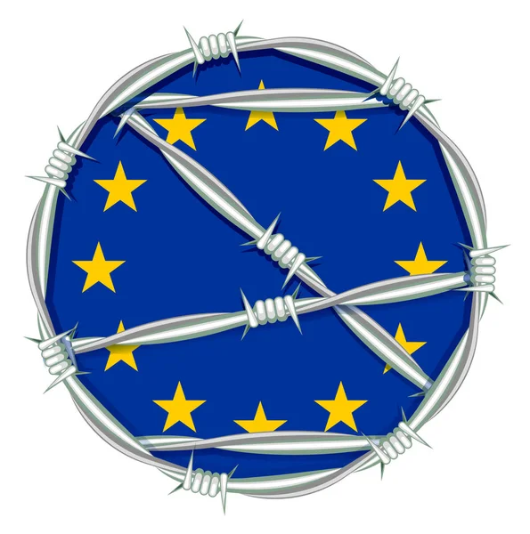 Gele sterren op een blauwe achtergrond symbool van de Europese Unie achter prikkeldraad. Migratieprobleem — Stockvector