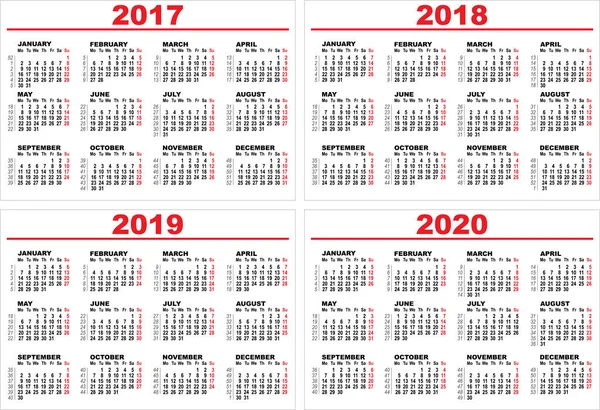 设置的网格墙上的日历为 2017 年，2018年、 2019年、 2020年 — 图库矢量图片