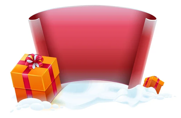 Красный свиток и подарочные коробки в снегу. Шаблон для поздравительной открытки — стоковый вектор
