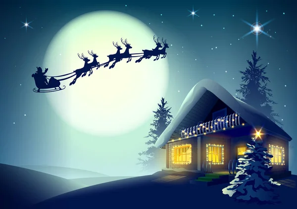 सिल्हूट सांता क्लॉस और रेनडियर शीतकालीन जंगल में क्रिसमस घर पर उड़ान भर रहा है — स्टॉक वेक्टर