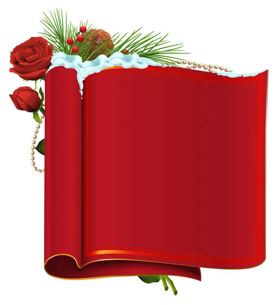 Rollo de papel en blanco rojo, rama de abeto, baya y rosa — Archivo Imágenes Vectoriales