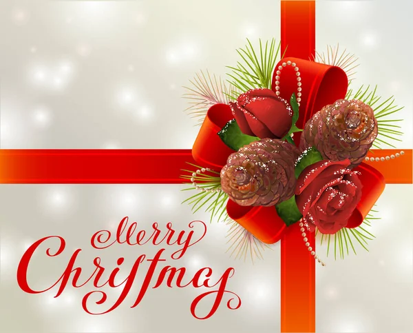 Feliz Navidad. Tarjeta de felicitación con cinta roja, conos de abeto, ramas y rosa — Vector de stock