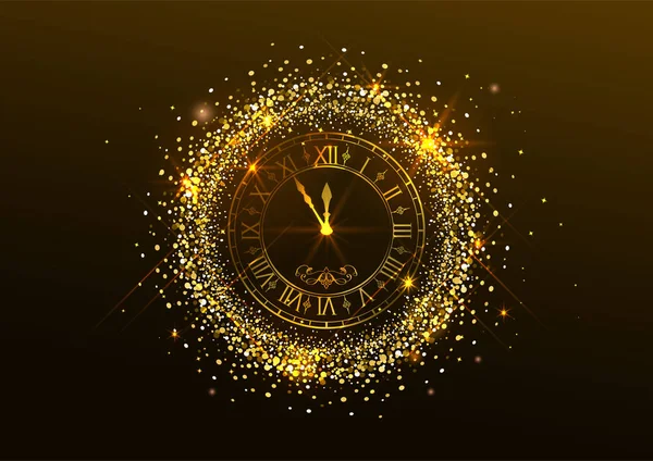 Mitternacht Neujahr. Uhr mit römischen Ziffern und goldenem Konfetti auf dunklem Hintergrund — Stockvektor