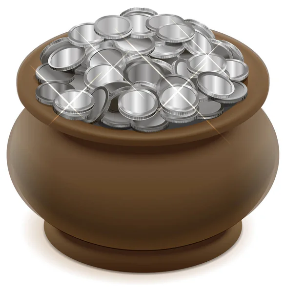 Pote de cerâmica de barro com moedas de prata — Vetor de Stock