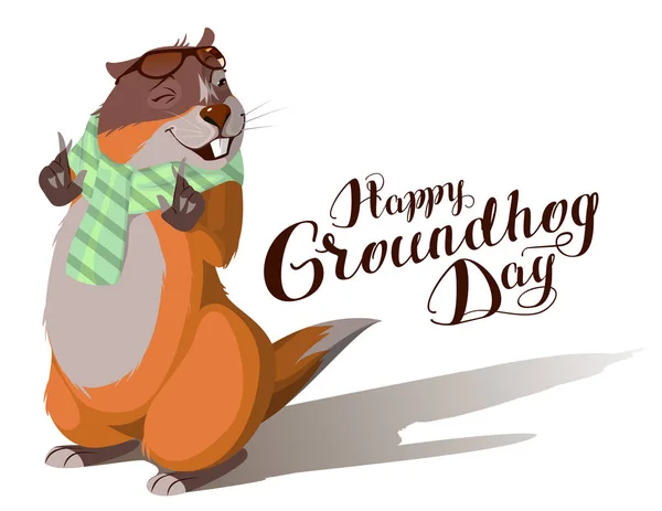 Feliz Día de la Marmota. Marmot proyecta sombra. Texto de letras para la tarjeta de felicitación — Vector de stock