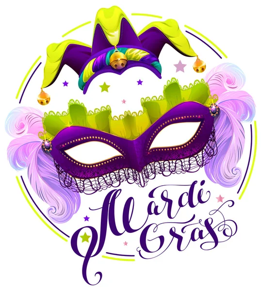 Testo letterario Mardi Gras. Maschera di carnevale viola e cappello da clown — Vettoriale Stock