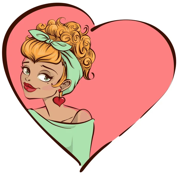 Jolie tête de femme sur fond de forme de coeur — Image vectorielle