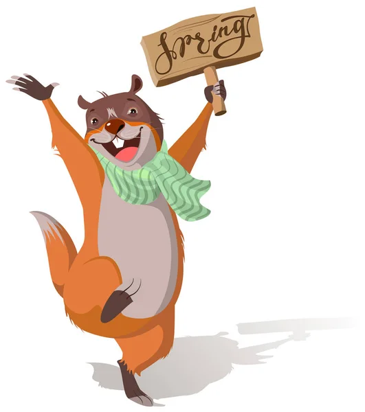 Joyful groundhog jumping e saúda a primavera —  Vetores de Stock