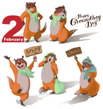 Happy Groundhog Day. Set Marmot casts shadow. Lettering text for greeting card clipart
