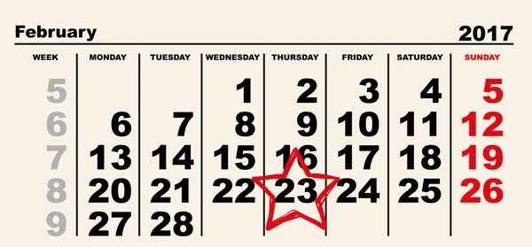 23 februari kalender herinnering rode ster — Stockvector