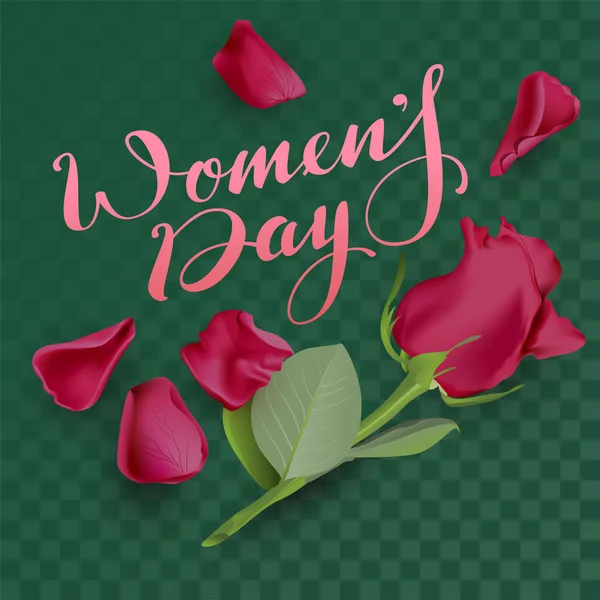 Womens Day tekst letter en rode roos op transparante achtergrond. Sjabloon voor wenskaarten op 8 maart — Stockvector