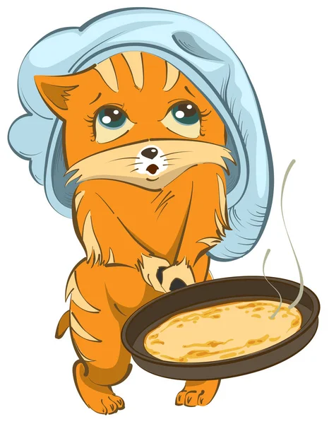 Кішка шеф-кухар Кука смажити млинці у сковороді. Російський свято Масляної прощення неділю — стоковий вектор