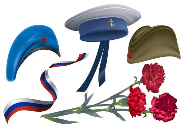 Defender of Fatherland Day. Set of accessories for greeting card field cap, peakless hat, beret, carnation flower bouquet, ribbon Russian flag — Stock Vector