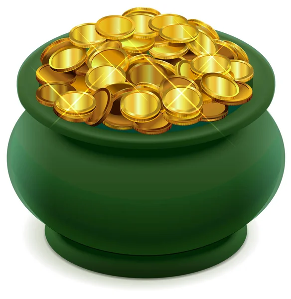 Olla verde llena de monedas de oro — Vector de stock