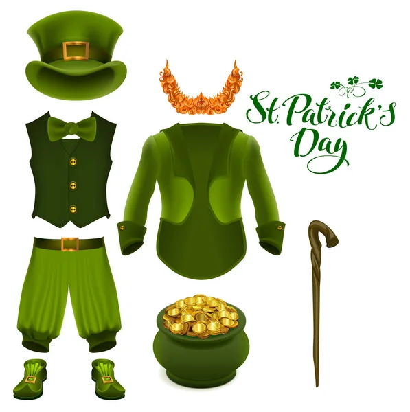 Zubehör für den St. Patricks Day. grüner Anzug, Hut, Goldtopf, roter Bart, Stiefel, Hose, Klee — Stockvektor
