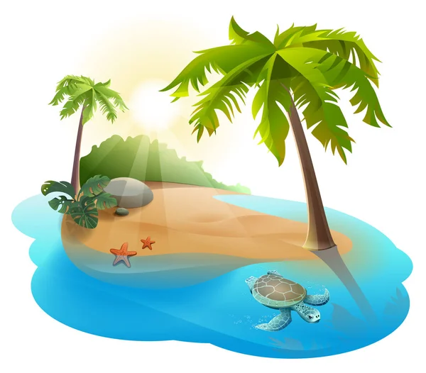 Tropical island with palm tree and turtle — Stock Vector