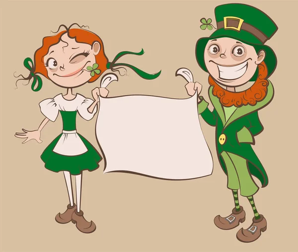 St. Patricks Day Festival. Jeune femme et homme tenant bannière — Image vectorielle