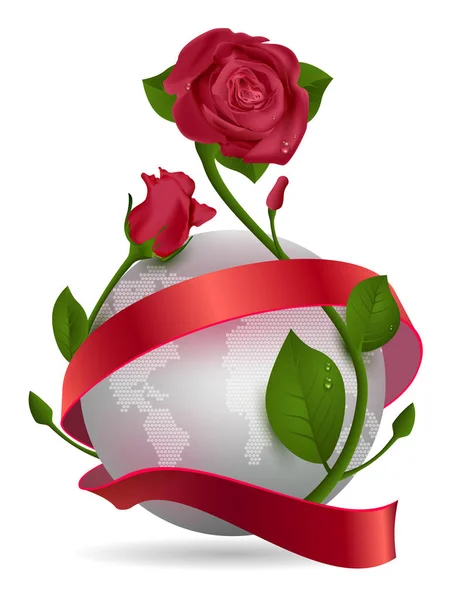 Планета, червона стрічка і квітка троянди — стоковий вектор
