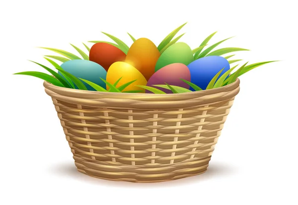 Cesta de vime cheia de ovos de Páscoa na grama — Vetor de Stock