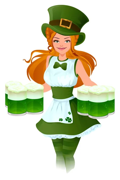 Femme serveuse Patrick tient un verre de bière verte — Image vectorielle
