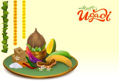 Happy Ugadi. Template greeting card Set Holiday accessories. Gold pot, coconut, sugar, salt, pepper, banana, mango clipart