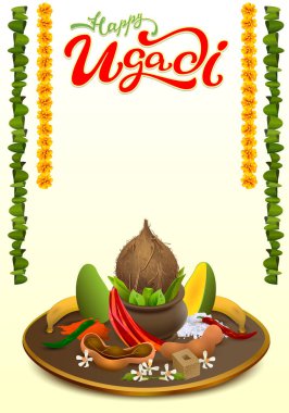 Mutlu Ugadi yazı metin. Tatil aksesuarları ayarlayın. Hindistan cevizi, şeker, tuz, biber, muz, mango