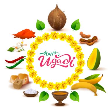 Mutlu Ugadi yazı metin. Aksesuar gıda kümesi. Hindistan cevizi, şeker, tuz, biber, muz, mango