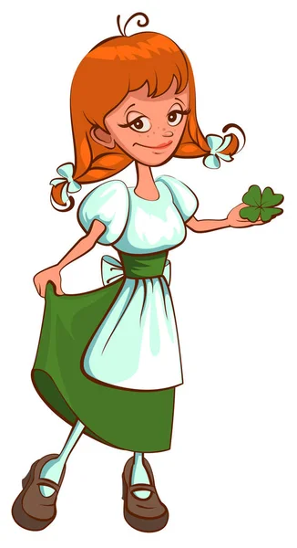 Dia de St. Patricks. irlandês vermelho cabelos menina segurando trevo folha — Vetor de Stock