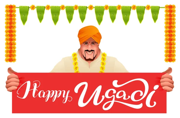 Hinduiska mannen innehar banner glad ugadi — Stock vektor