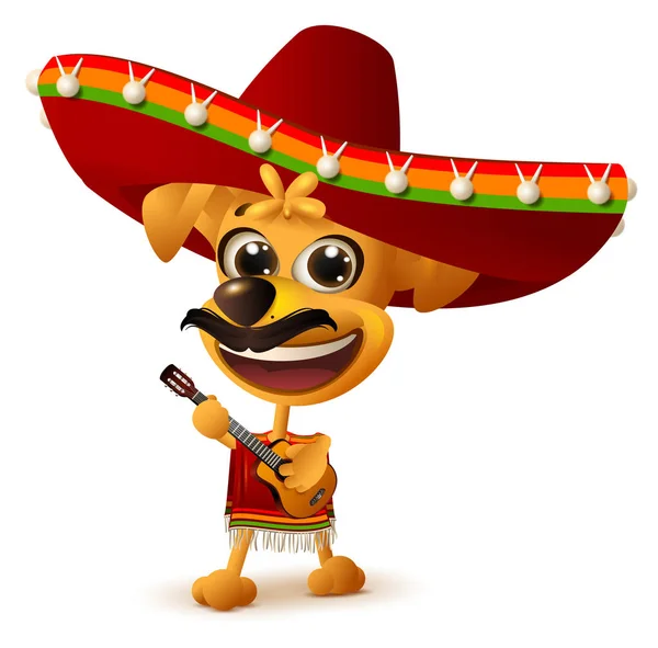 Mexican dog in sombrero plays guitar — Stock Vector