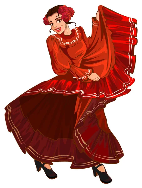 Mujer española en vestido rojo bailando — Vector de stock