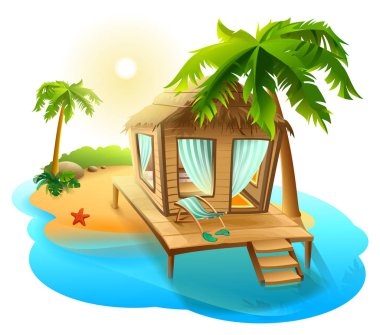 Beach Tatil. Tropik adada thatched kulübe bungalov