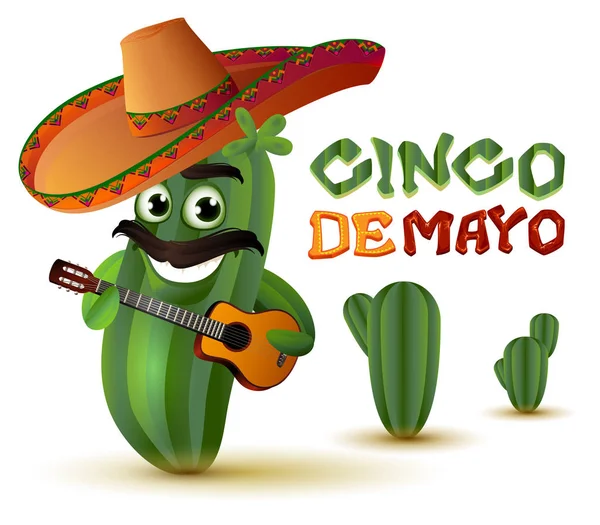 Il divertente cactus messicano in sombrero suona la chitarra. Cinco de mayo — Vettoriale Stock