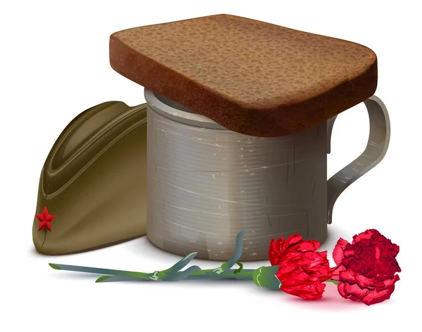 Kriegskrug mit Wasser, Brot, roter Nelkenblume und Militärmütze. Symbol der Erinnerung an Tote — Stockvektor