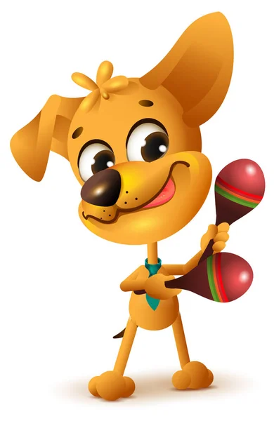 Divertido perro amarillo juega maracas — Vector de stock