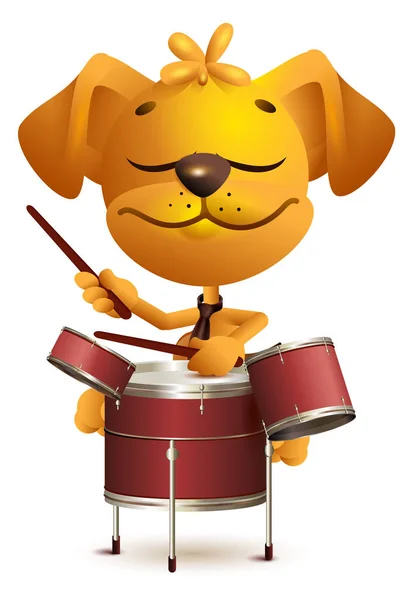 Gelber Fun Dog Drummer schlägt Trommeln — Stockvektor