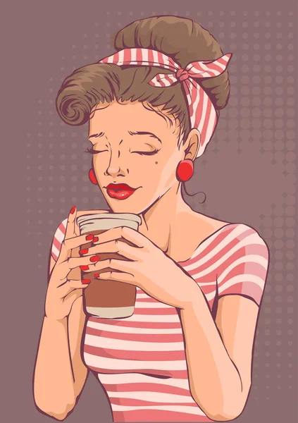Bella giovane donna in possesso di una tazza di carta di caffè — Vettoriale Stock