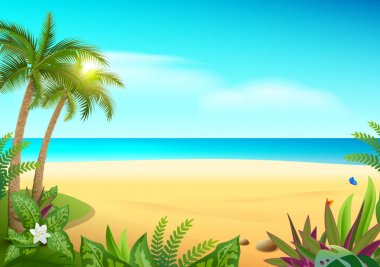 Tropik cennet Adası kumlu plaj, palmiye ağaçları ve deniz