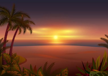 Tropik adada gün batımı. Palmiye ağaçları, deniz ve plaj