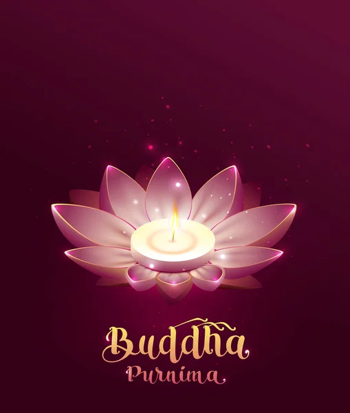 Buddha Purnima Vesak day lettring text greeting card. Lotus flower and burning candle — Stock Vector