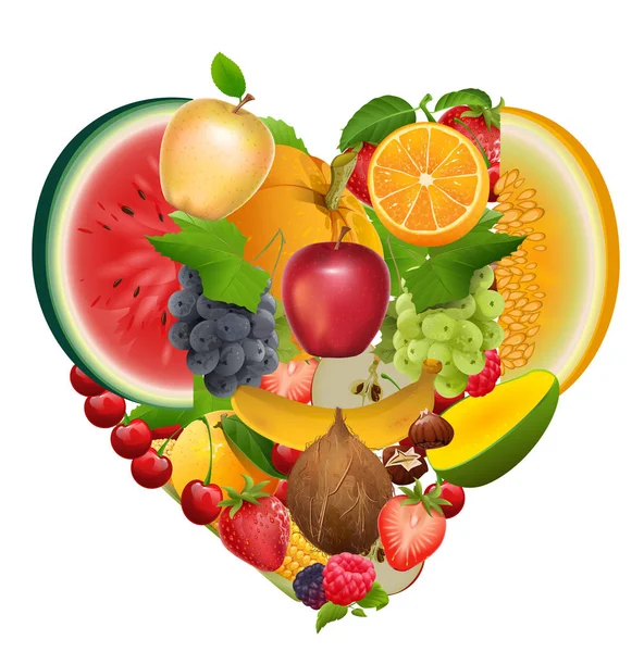 Zbiór owoców kształt serca. Zdrowe jedzenie apple, winogrona, melon, arbuz, Jagoda, Malina, truskawka, sweet cherry — Wektor stockowy